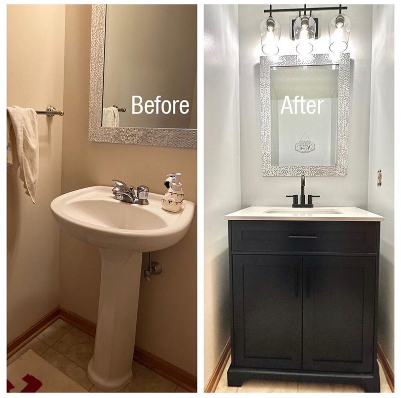 Before and after photos of a small bathroom update by Lumberjack's Kitchens and Baths in Akron OH.