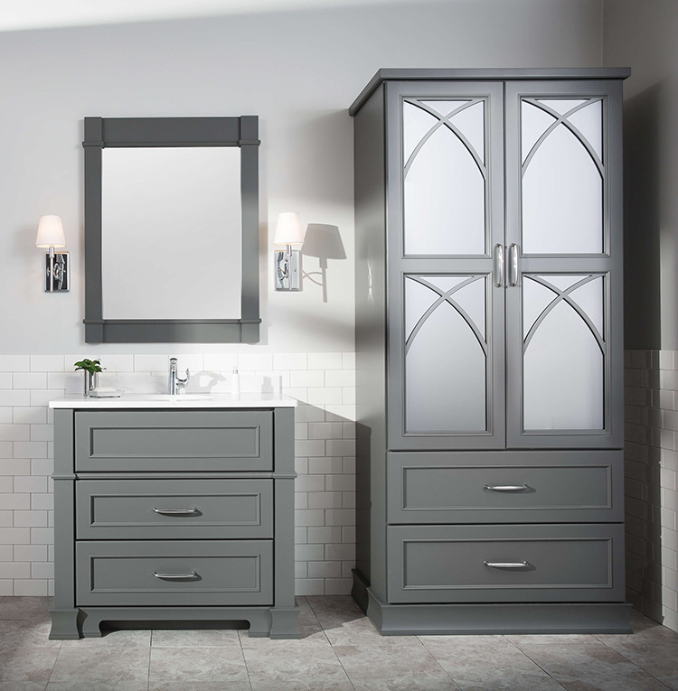 Grey bath vanities, available at Lumberjack's Kitchens and Baths in Akron OH