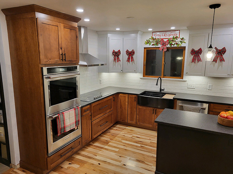 Are white cabinets still in style? They are! Solid wood white kitchen cabinet display, available at Lumberjack's Kitchens and Baths.