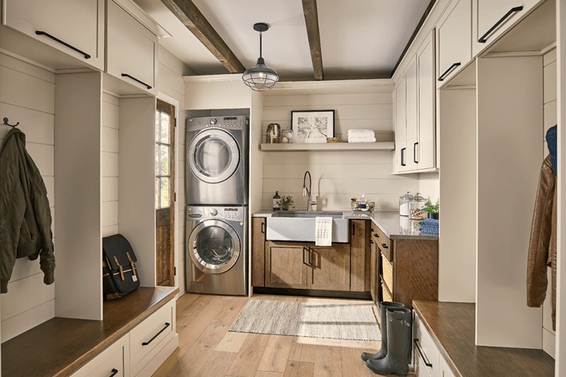 Laundry and mudroom cabinets, design and installation by Lumberjack's Akron.