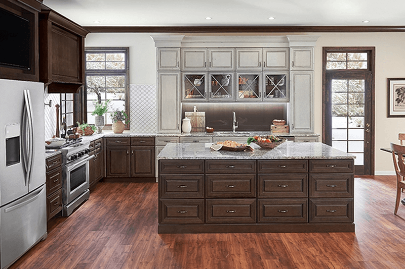 Gray and white kitchen idea. Grey and white kitchen cabinets from Lumberjack's Kitchens and Baths, serving Cleveland, Akron and Canton OH