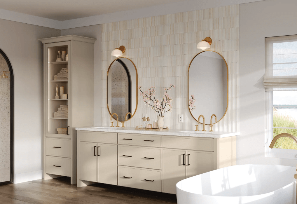 White double sink vanity with top from Lumberjack's in Akron